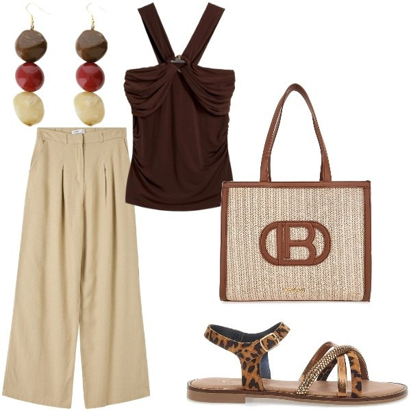 Outfit donna - Outifit di luglio. Stile Casual chic per Serata fuori. Abbinamento con top, pantaloni, orecchini, sandali, borse a spalla.