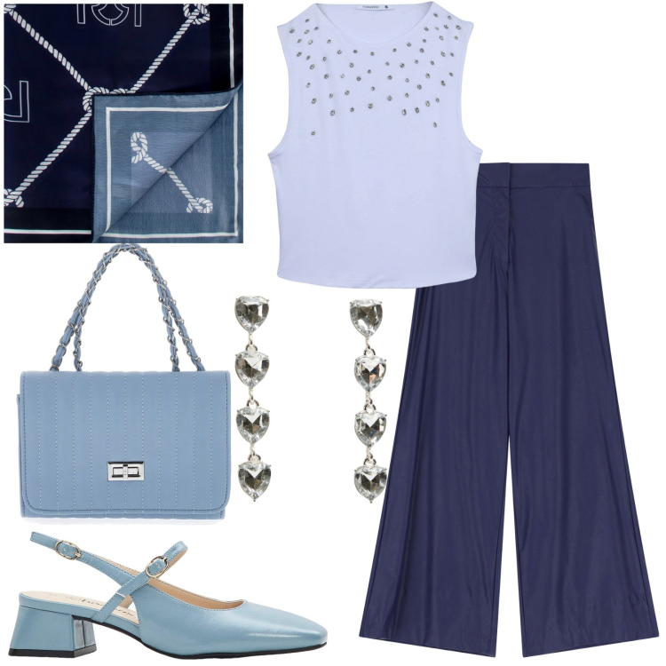 Outfit donna - Total look #2198274. Stile Bon Ton per Tutti i giorni. Abbinamento con décolleté, orecchini, top, foulard, pantaloni a palazzo, borse a tracolla.