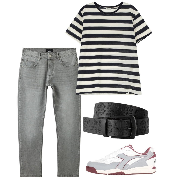 Outfit uomo - Luglio. Stile Casual per Tutti i giorni. Abbinamento con cinture, sneakers, jeans, t-shirt.