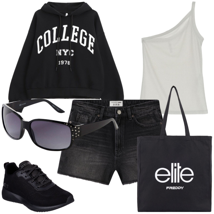 Outfit donna - Dopo il temporale. Stile Casual chic per Tutti i giorni. Abbinamento con occhiali da sole, shorts, top, felpe con cappuccio, shopping bag, sneakers.