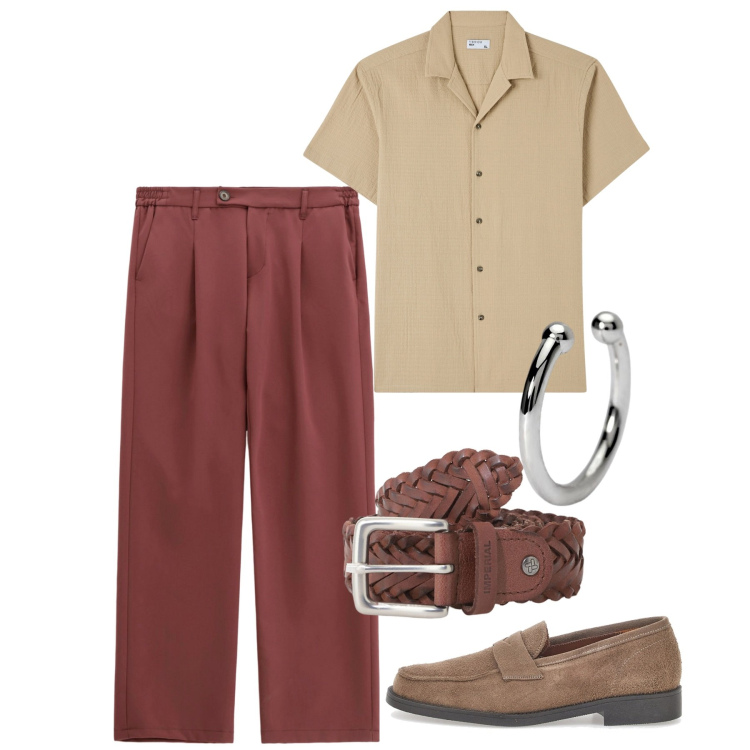 Outfit uomo - Tonalità cannella. Stile Trendy per Serata speciale. Abbinamento con camicie a manica corta, orecchini, cinture, pantaloni, scarpe stringate.