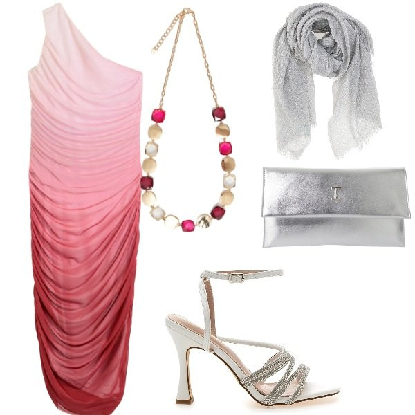 Outfit donna - Compleanno in villa. Stile Glamour per Serata fuori. Abbinamento con vestiti asimmetrici, pochette, collane, sandali gioiello, foulard.