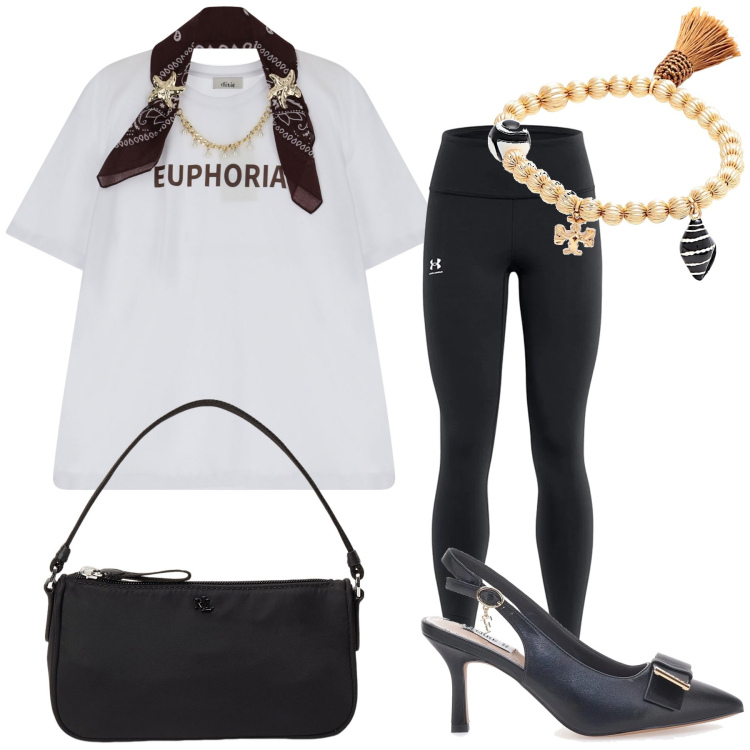 Outfit donna - Aperitivo in leggings con tshirt wow. Stile Glamour per Serata fuori. Abbinamento con braccialetti, t-shirt, pochette, décolleté, leggings.