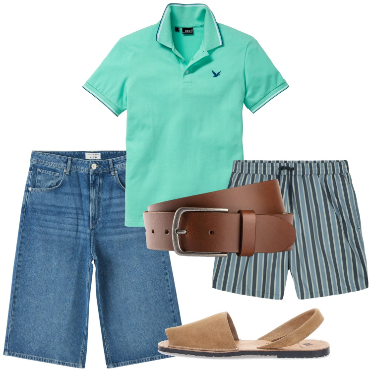 Outfit uomo - Acquamarina. Stile Casual per Mare. Abbinamento con polo, cinture, pantaloni corti, sandali, costumi.