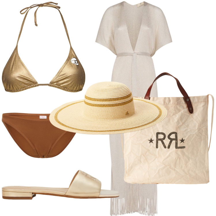 Outfit donna - So chic. Stile Glamour per Sport. Abbinamento con borse tote, cappelli, ciabatte, vestiti da spiaggia, bikini, bikini.