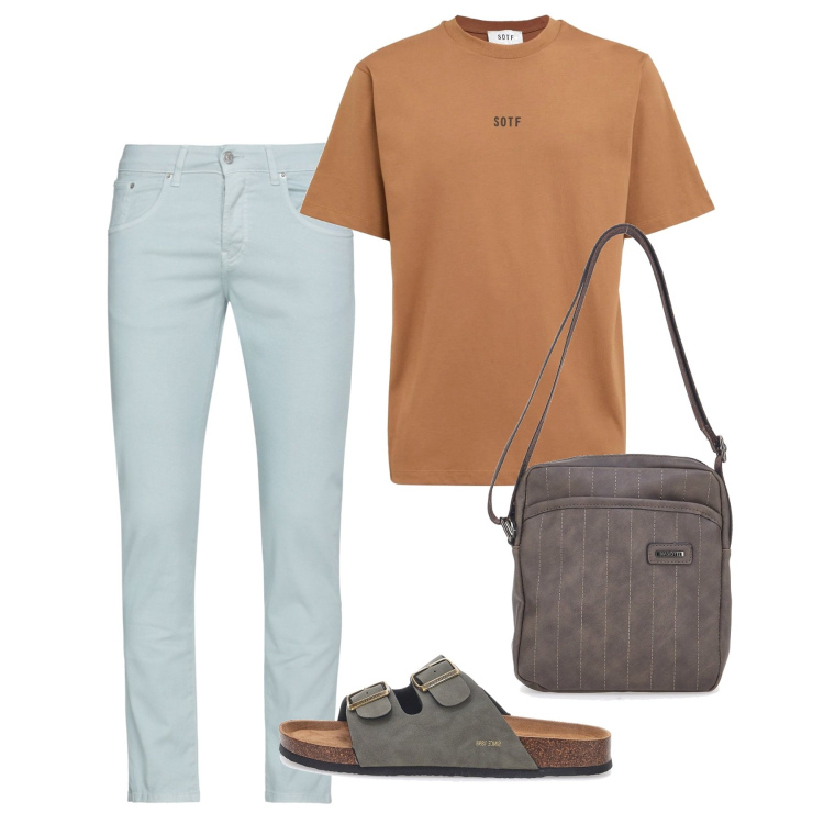 Outfit uomo - Luglio. Stile Casual per Tutti i giorni. Abbinamento con pantaloni, portafogli, sandali, t-shirt.