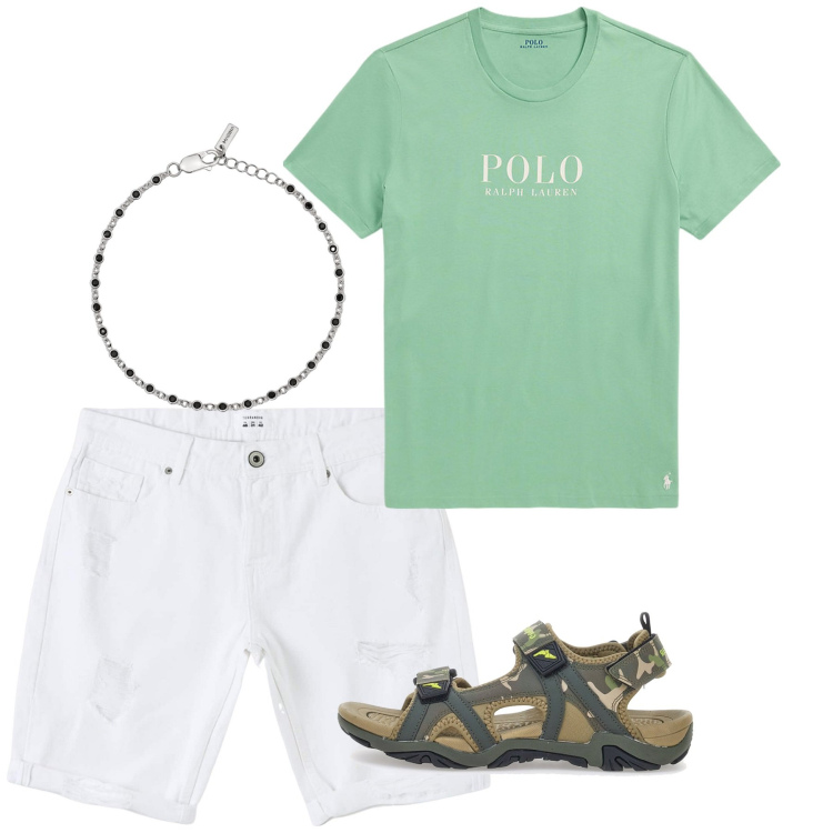Outfit uomo - Luglio. Stile Casual per Tutti i giorni. Abbinamento con bermuda, braccialetti, t-shirt, sandali.