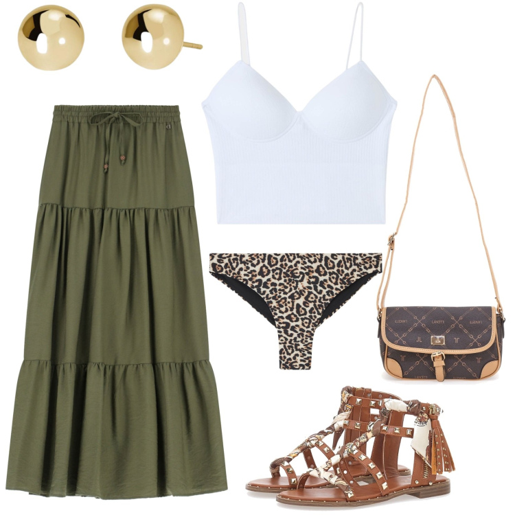 Outfit donna - Total look #2198307. Stile Urban per Tutti i giorni. Abbinamento con top, culotte, orecchini, gonne lunghe, borse a tracolla, sandali.