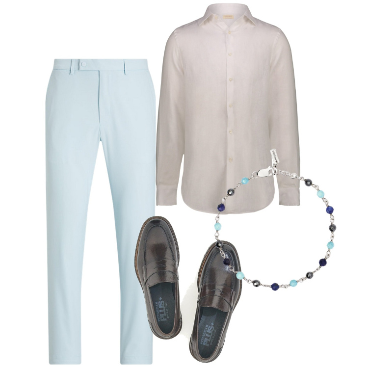 Outfit uomo - Spezzato estate. Stile Casual per Tutti i giorni. Abbinamento con braccialetti, pantaloni, camicie, scarpe stringate.