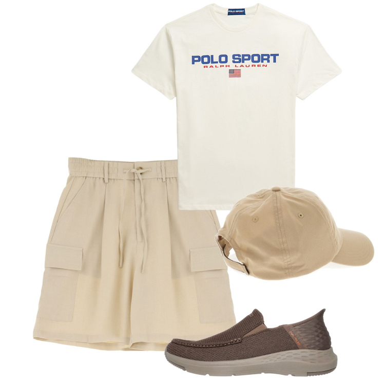 Outfit uomo - Vacanza. Stile Casual per Tutti i giorni. Abbinamento con bermuda, t-shirt, cappelli, sneakers.