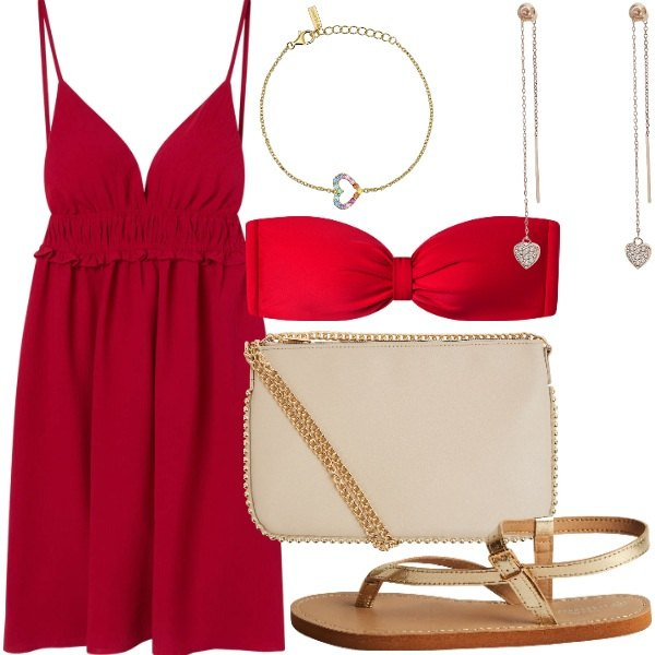 Outfit donna - Summer Sale Terranova. Stile Casual chic per Serata fuori. Abbinamento con borse a tracolla, vestiti corti, ciabatte, bikini, orecchini, braccialetti.