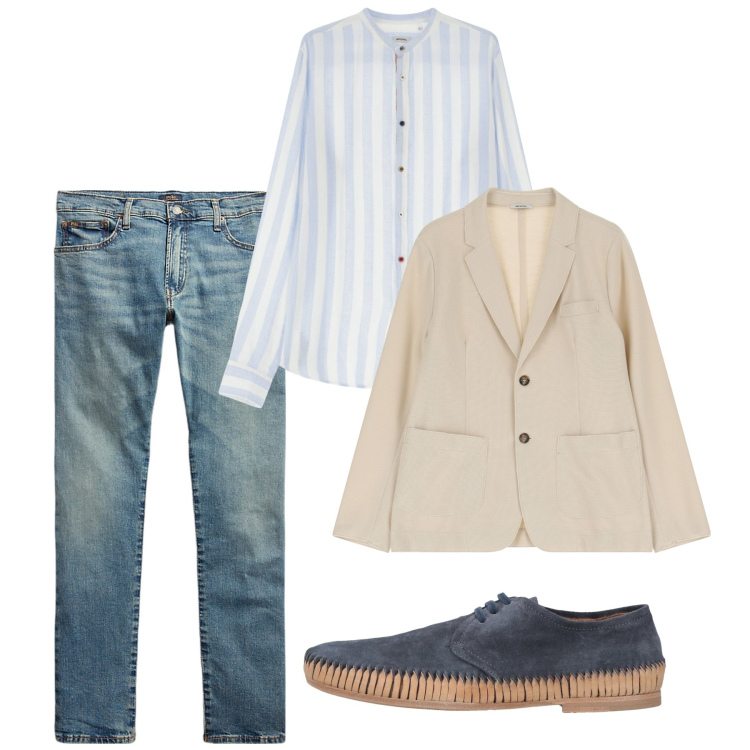 Outfit uomo - Luglio in giacca. Stile Casual per Tutti i giorni. Abbinamento con scarpe stringate, giacche, camicie, jeans.