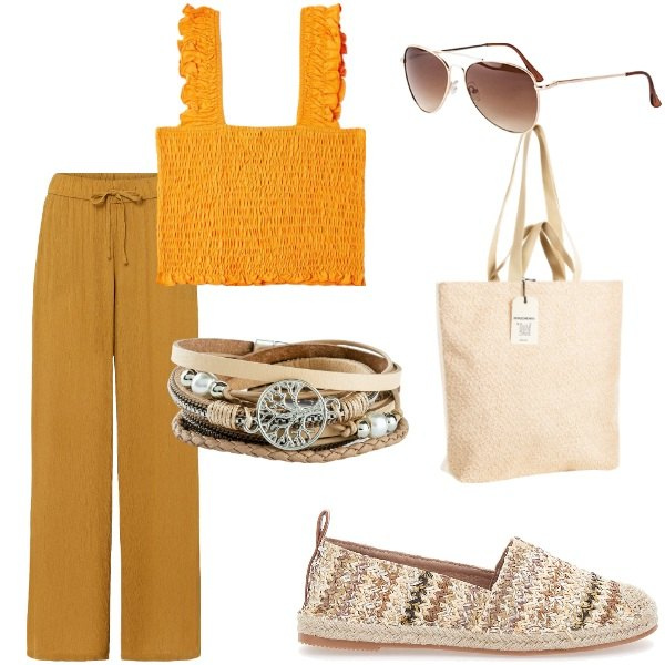 Outfit donna - Outifit di luglio. Stile Casual per Tutti i giorni. Abbinamento con braccialetti, occhiali da sole, pantaloni a palazzo, top, borse tote, espadrillas.