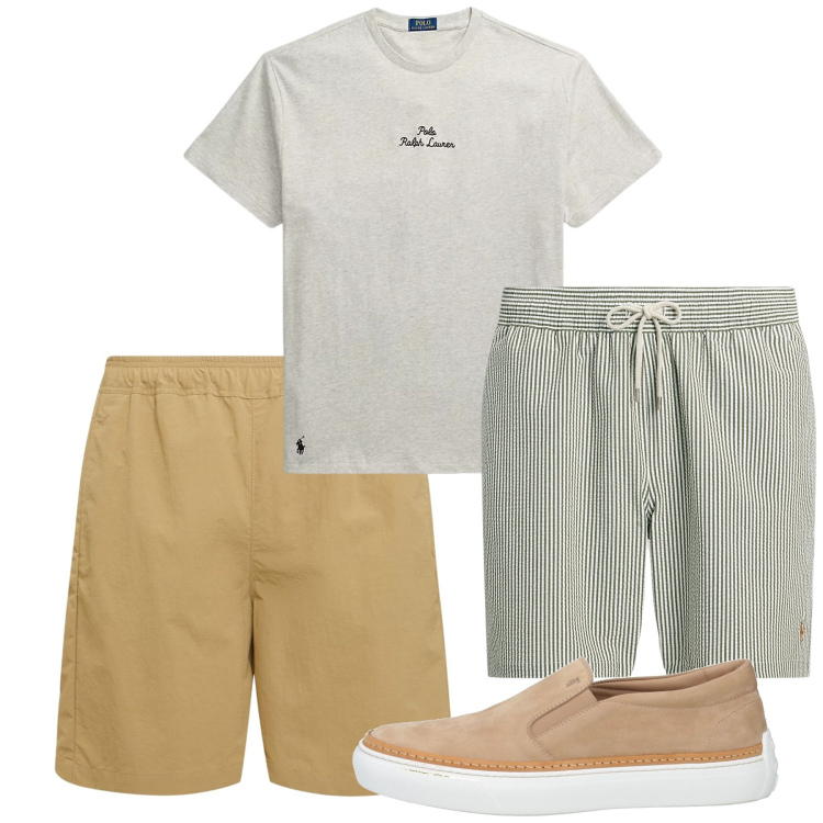 Outfit uomo - Luglio. Stile Casual per Mare. Abbinamento con sneakers, t-shirt, costumi, shorts.