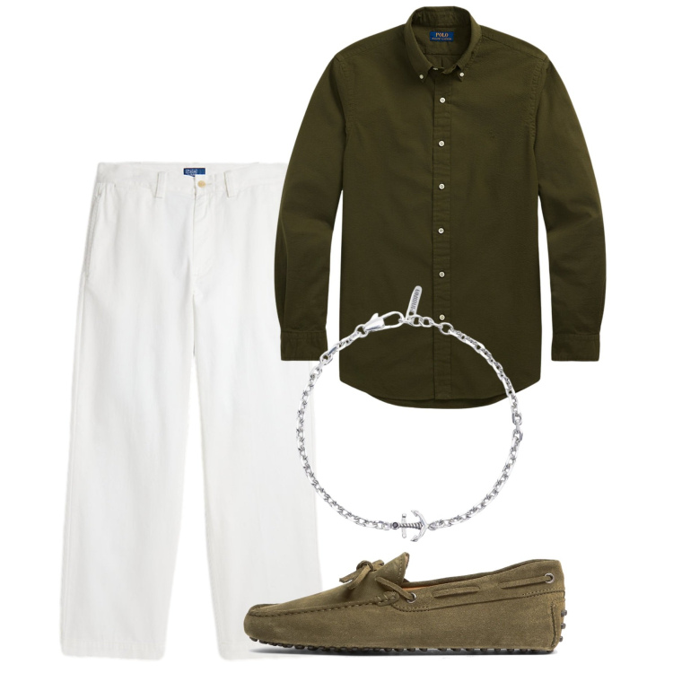Outfit uomo - Military and white. Stile Casual per Tutti i giorni. Abbinamento con scarpe stringate, braccialetti, pantaloni, camicie.