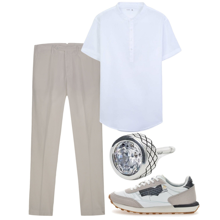 Outfit uomo - Casual chiaro. Stile Casual per Tutti i giorni. Abbinamento con camicie a manica corta, orecchini, pantaloni, sneakers.