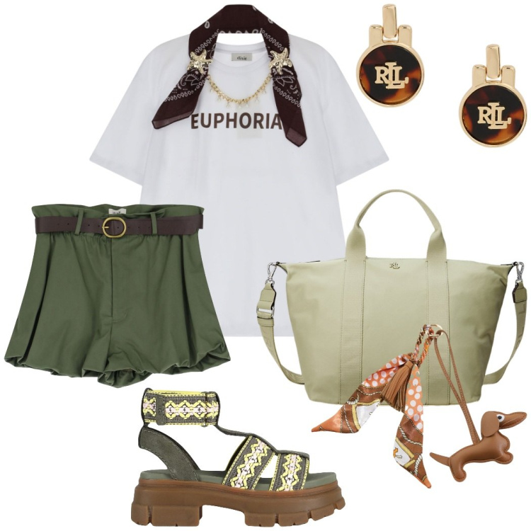 Outfit donna - Fine settimana fuori città. Stile Casual chic per Tutti i giorni. Abbinamento con sandali col tacco, portachiavi, shorts, t-shirt, orecchini, borse tote.