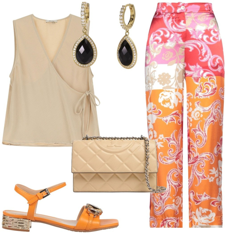 Outfit donna - Evento in città. Stile Chic per Cerimonia. Abbinamento con sandali in pelle, pantaloni, orecchini, top, borse a spalla.