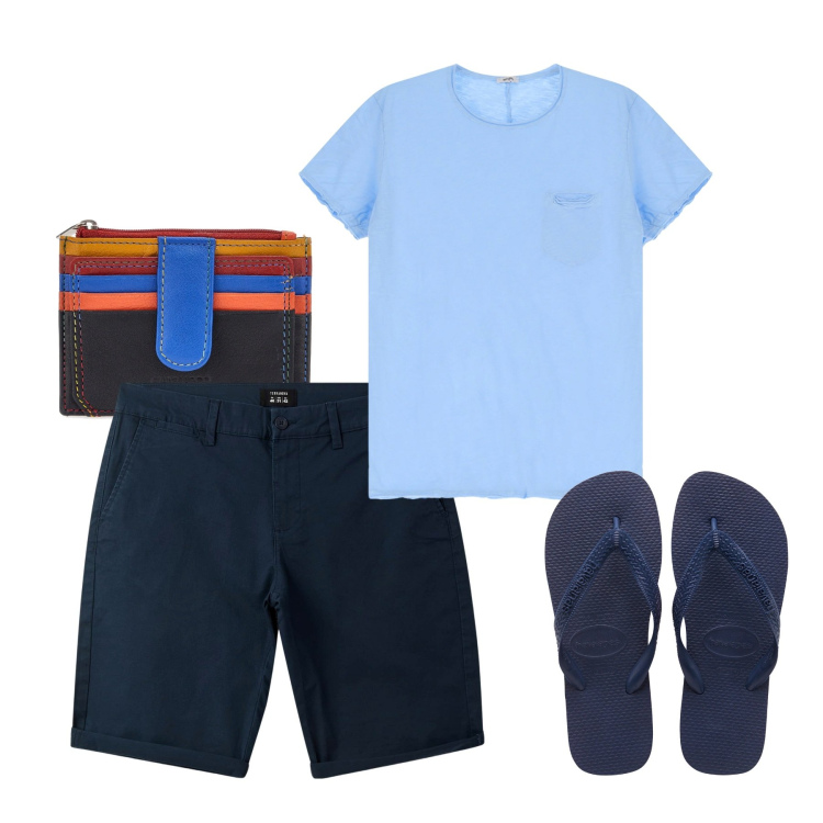 Outfit uomo - Luglio. Stile Casual per Tutti i giorni. Abbinamento con bermuda, t-shirt, portafogli, sandali.