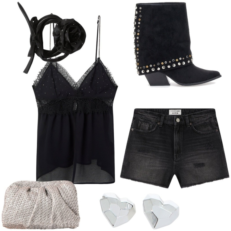 Outfit donna - Concerto live. Stile Rock per Serata fuori. Abbinamento con collane, shorts, canottiere, clutch, orecchini, stivaletti texani.