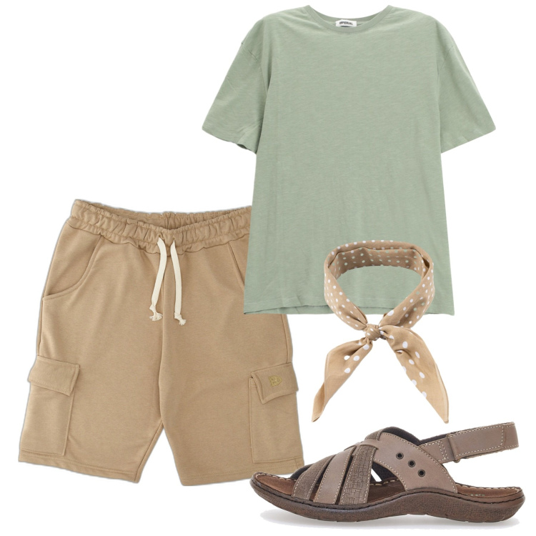 Outfit uomo - Luglio. Stile Casual per Tutti i giorni. Abbinamento con t-shirt, pantaloni corti, sciarpe e foulard, sandali.