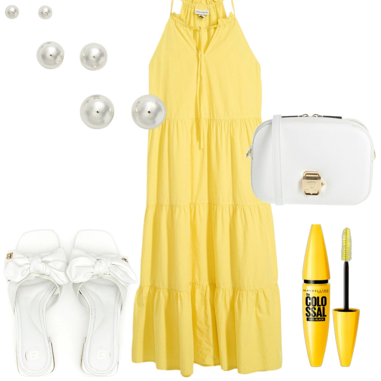 Outfit donna - Fresca in vacanza. Stile Casual per Tutti i giorni. Abbinamento con vestiti, borse a tracolla, mascara, orecchini, ciabatte.