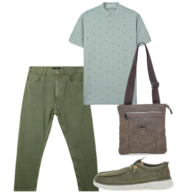 Outfit uomo - Luglio. Stile Casual per Tutti i giorni. Abbinamento con t-shirt, pantaloni, portafogli, scarpe stringate.