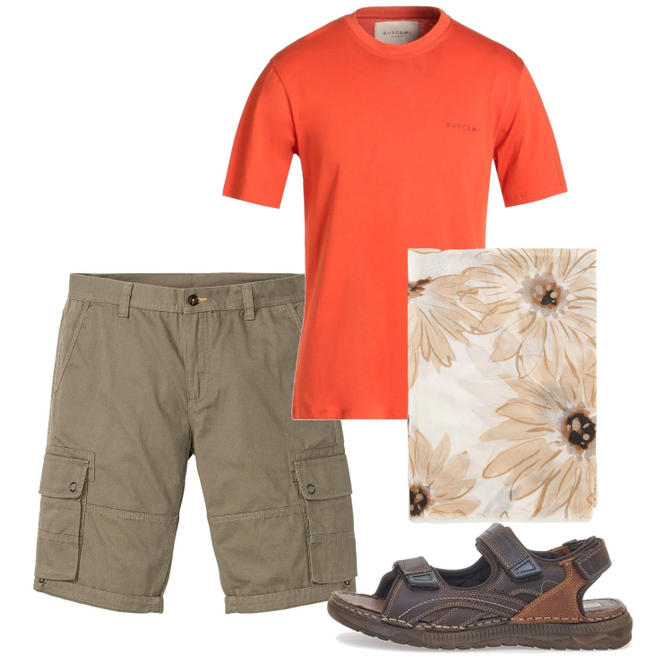 Outfit uomo - Luglio. Stile Casual per Tutti i giorni. Abbinamento con bermuda, t-shirt, sciarpe e foulard, sandali.