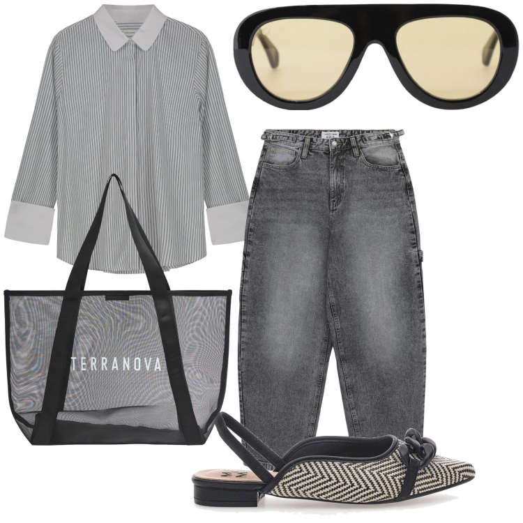 Outfit donna - Saldi furbi per l autunno. Stile Urban per Tutti i giorni. Abbinamento con jeans, shopping bag, occhiali da sole, camicie, ballerine.