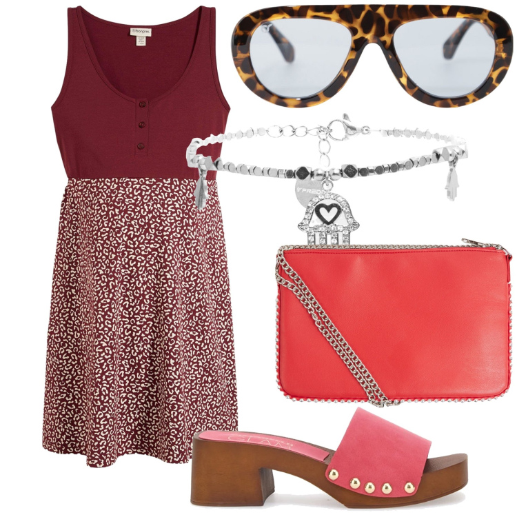Outfit donna - Originale total look. Stile Trendy per Tutti i giorni. Abbinamento con vestiti, borse a tracolla, occhiali da sole, braccialetti, zoccoli.