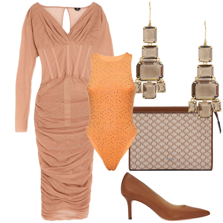 Outfit donna - Testimone in toni terrosi. Stile Bon Ton per Cerimonia. Abbinamento con vestiti midi/longuette, décolleté, orecchini, body, pochette.