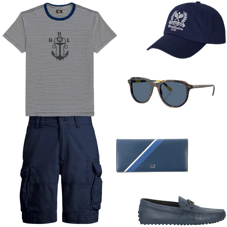 Outfit uomo - Vacanze al mare. Stile Casual per Mare. Abbinamento con scarpe stringate, portafogli, occhiali da sole, t-shirt, shorts, cappelli.