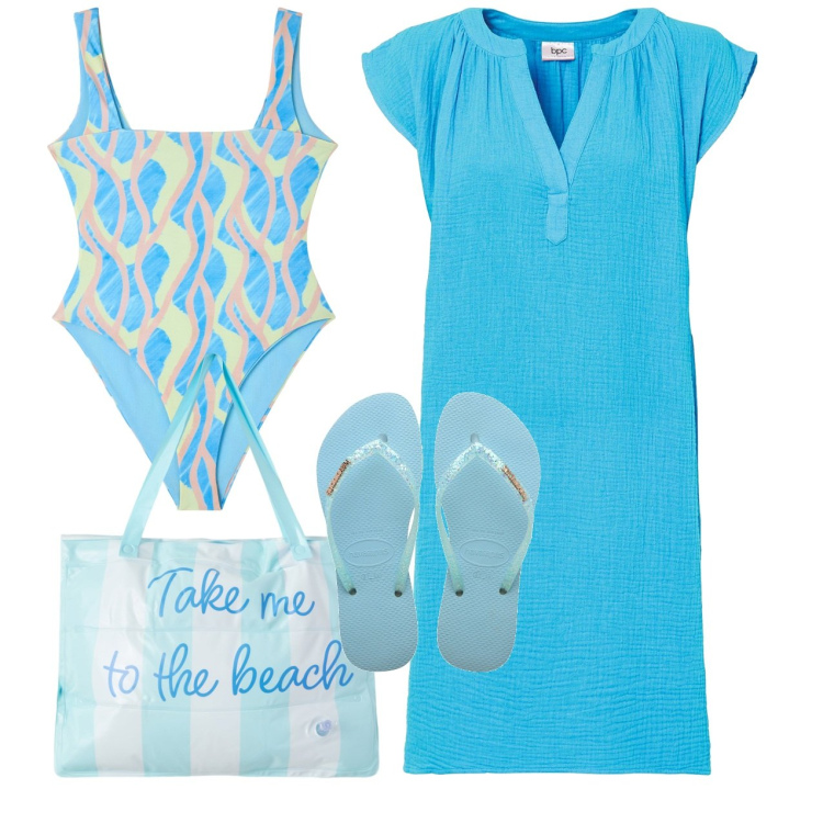 Outfit donna - Baleari. Stile Chic per Mare. Abbinamento con vestiti, costumi interi, borse tote, infradito.