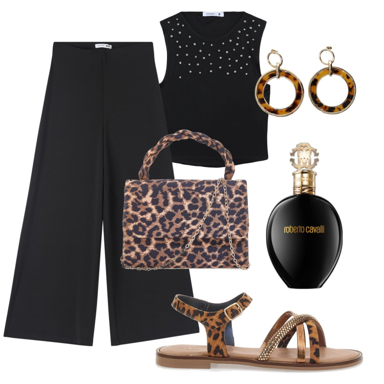 Outfit donna - Nero e dettagli maculati. Stile Trendy per Serata fuori. Abbinamento con profumi, top, pantaloni culotte, orecchini, sandali, pochette.