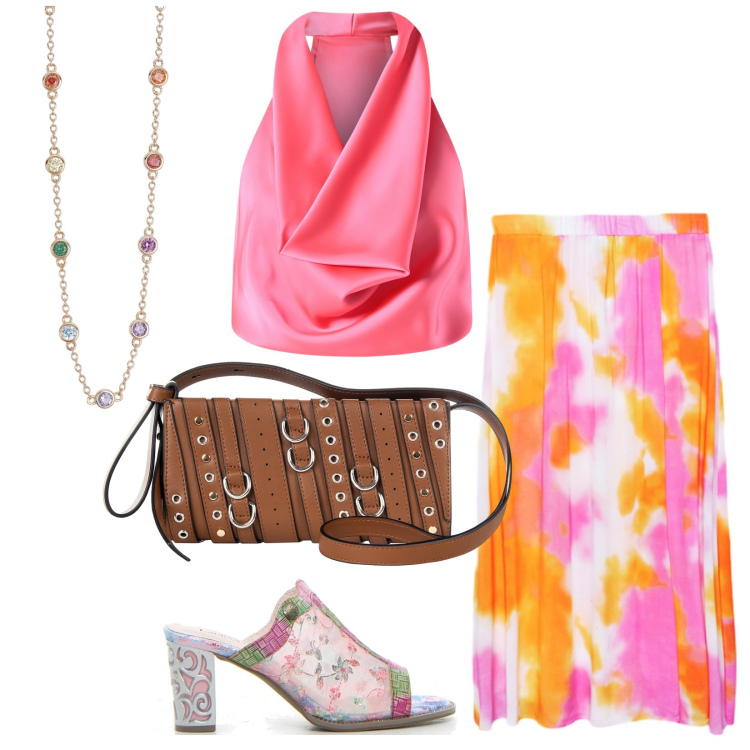 Outfit donna - Mood tropicale. Stile Glamour per Serata fuori. Abbinamento con collane, borse a spalla, top, gonne lunghe, sabot.