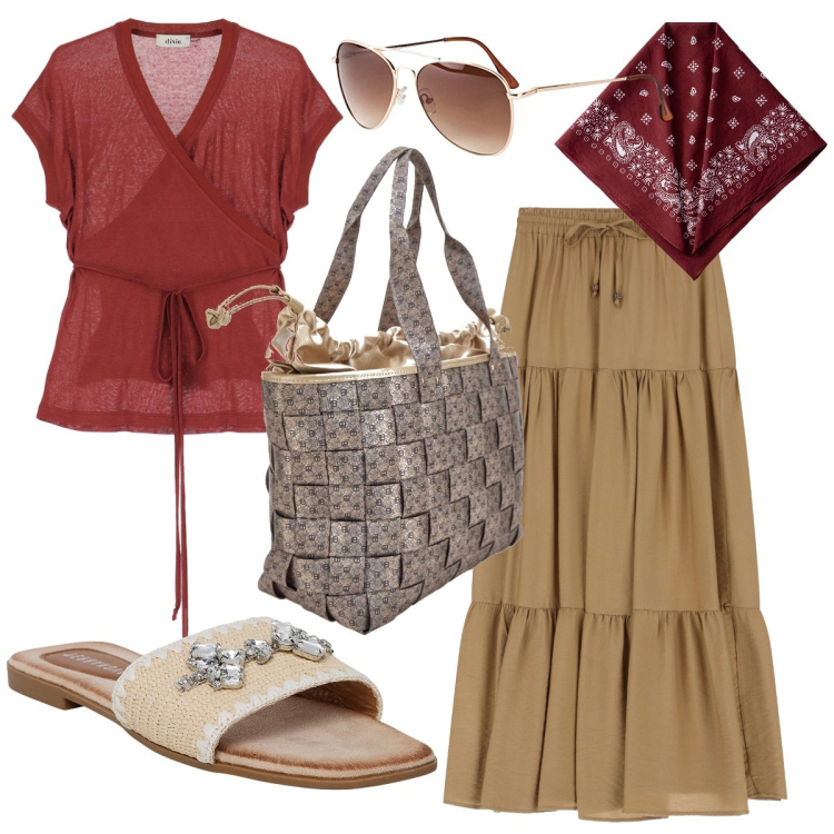 Outfit donna - La gonna con le balze. Stile Boho per Tutti i giorni. Abbinamento con occhiali da sole, ciabatte, top, gonne lunghe, borse a spalla, foulard.