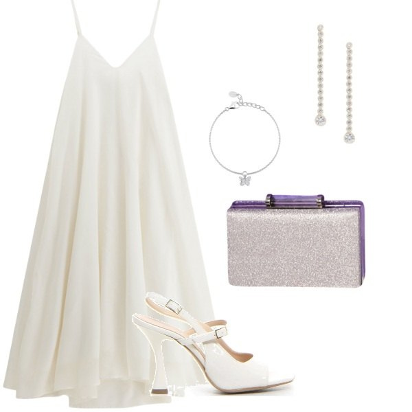 Outfit donna - romantico white party con pochette lilla. Stile Romantica per Serata fuori. Abbinamento con vestiti midi/longuette, braccialetti con ciondoli, pochette, orecchini, sandali col tacco.