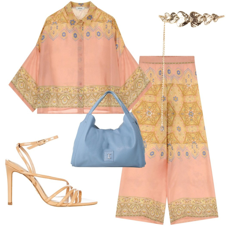 Outfit donna - Arancioluglio. Stile Casual chic per Serata fuori. Abbinamento con cinture, sandali col tacco, pochette, pantaloni, camicie.