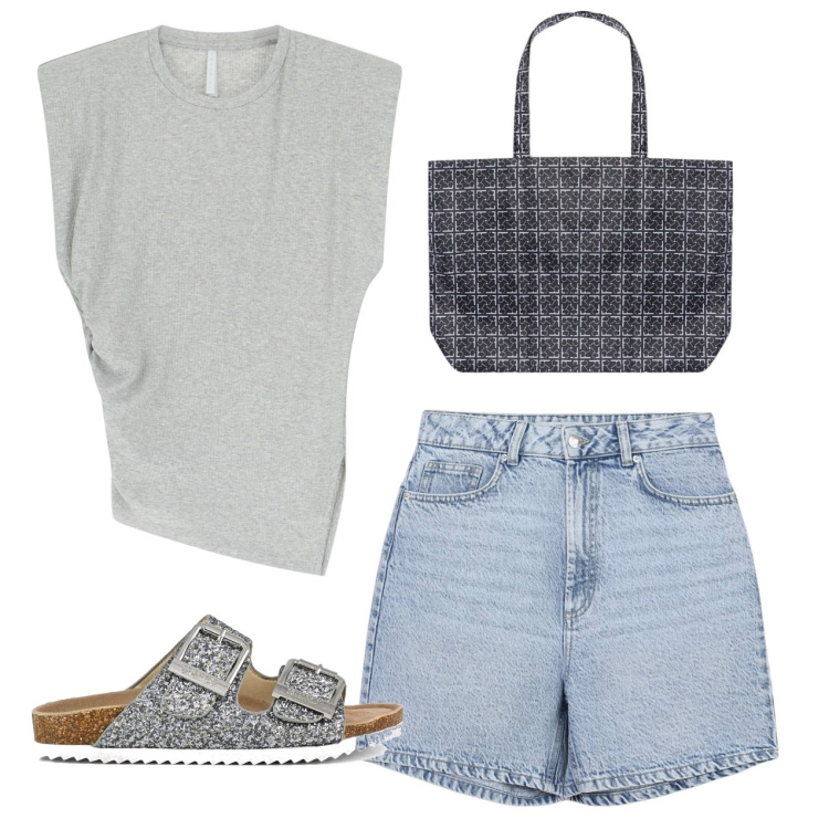Outfit donna - Grigio. Stile Casual per Tutti i giorni. Abbinamento con bermuda, top, shopping bag, sandali.