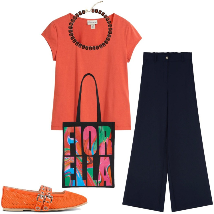 Outfit donna - Arancioluglio. Stile Casual chic per Ufficio. Abbinamento con t-shirt, collane, pantaloni a palazzo, ballerine, borse tote.