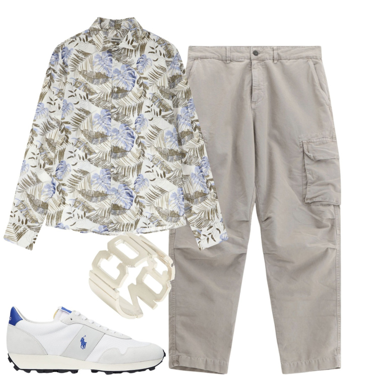 Outfit uomo - Luglio. Stile Trendy per Tutti i giorni. Abbinamento con anelli, pantaloni cargo, camicie, sneakers.