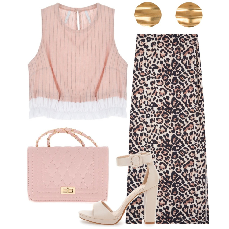 Outfit donna - Chic fino a sera. Stile Chic per Tutti i giorni. Abbinamento con gonne lunghe, top, sandali col tacco, borse a tracolla, orecchini.