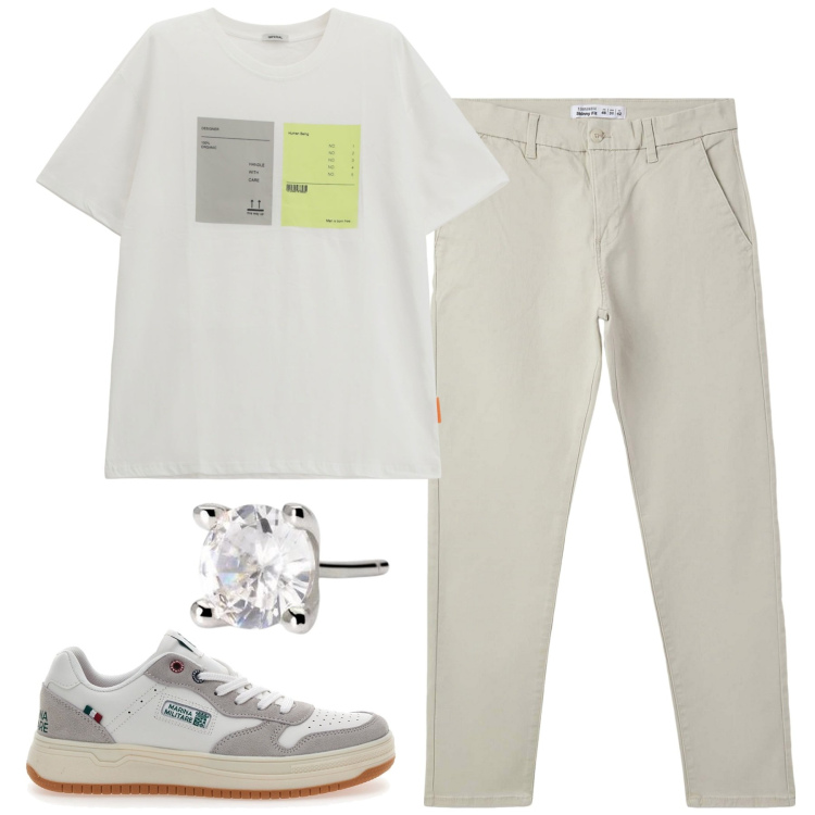 Outfit uomo - Color ghiaccio. Stile Casual per Tutti i giorni. Abbinamento con pantaloni chino, orecchini, t-shirt, sneakers.