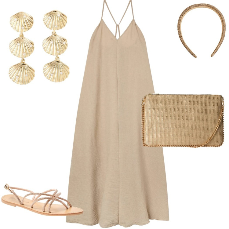 Outfit donna - Terranova Summer Sale. Stile Casual chic per Serata fuori. Abbinamento con vestiti lunghi, borse a tracolla, sandali, orecchini, cerchietti.