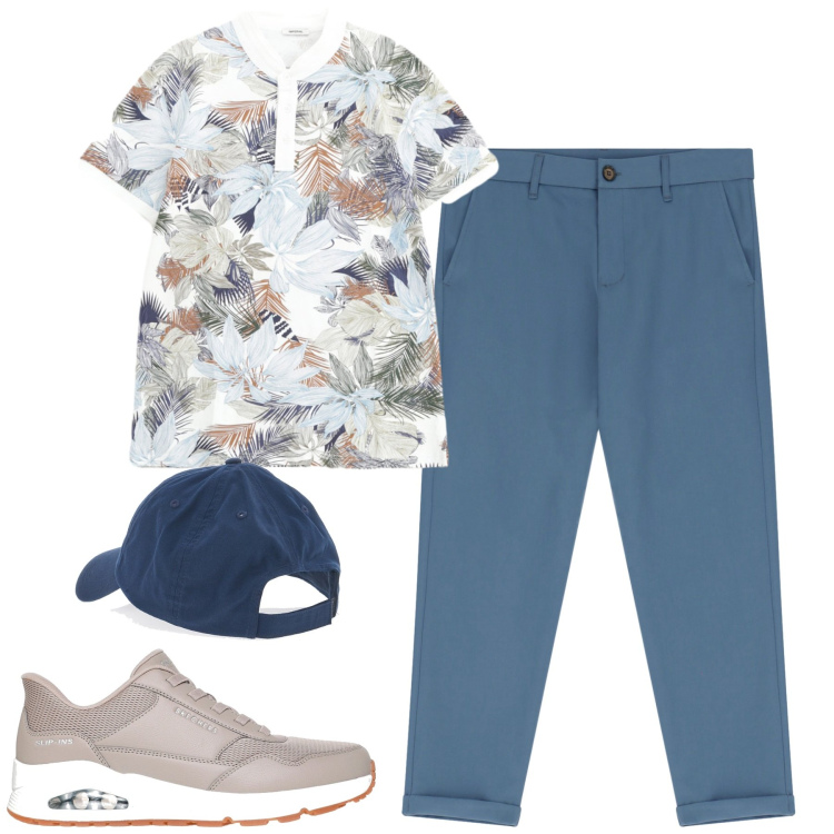 Outfit uomo - Luglio. Stile Urban per Tutti i giorni. Abbinamento con pantaloni chino, polo, cappelli, sneakers.