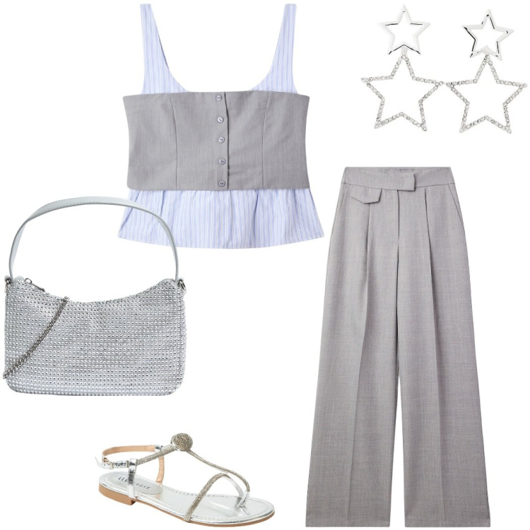Outfit donna - Terranova Summer Sale. Stile Casual chic per Ufficio. Abbinamento con top, pantaloni, orecchini, ciabatte, borse a tracolla.