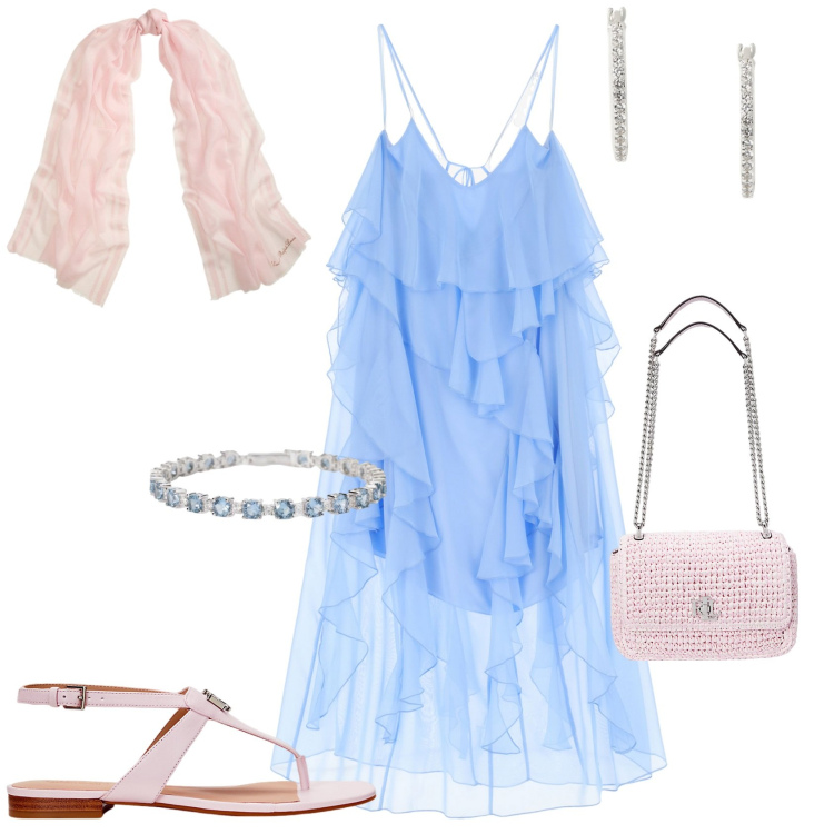 Outfit donna - Total look #2198445. Stile Romantica per Serata fuori. Abbinamento con braccialetti, vestiti lunghi, sandali in pelle, orecchini, sciarpe, borse a spalla.