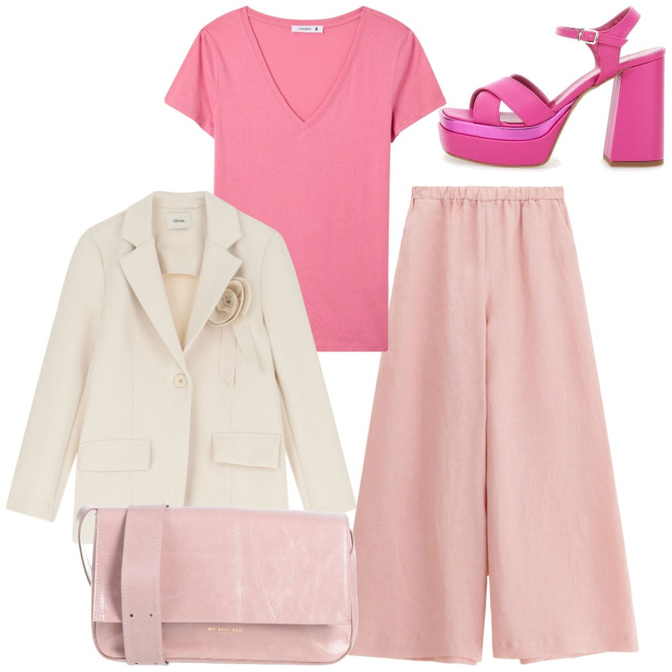 Outfit donna - Un po\' chic. Stile Chic per Tutti i giorni. Abbinamento con borse a tracolla, t-shirt, pantaloni, blazer, sandali col tacco.