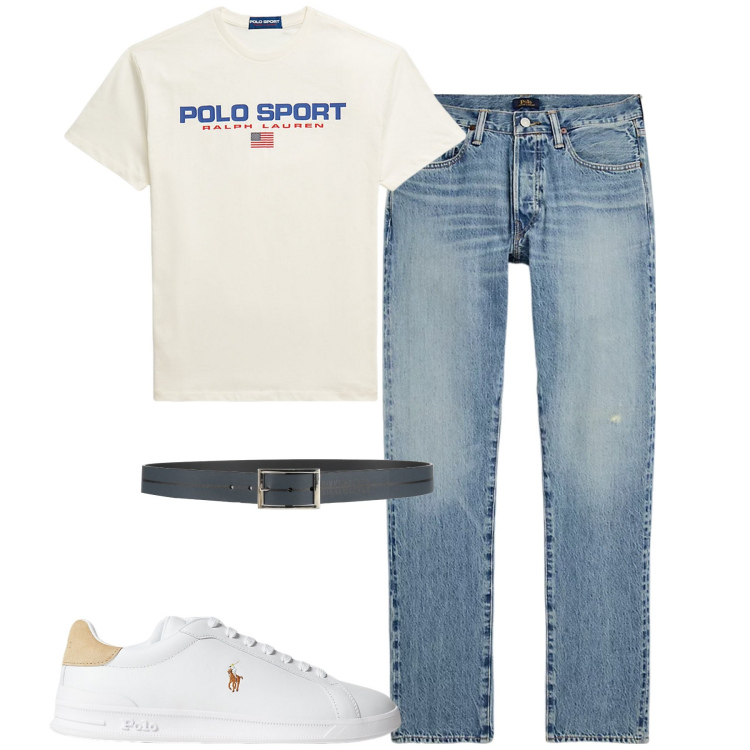 Outfit uomo - Luglio. Stile Casual per Tutti i giorni. Abbinamento con cinture, sneakers, t-shirt, jeans.
