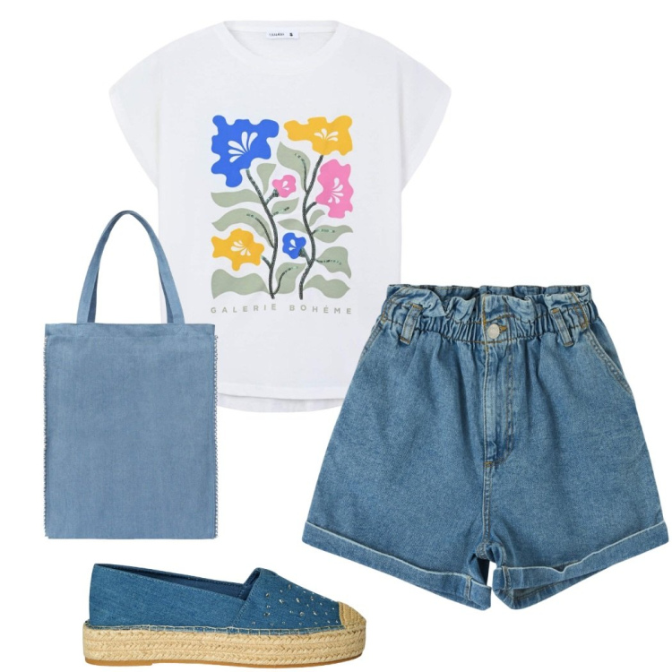Outfit donna - Terranova Summer Sale. Stile Casual per Tutti i giorni. Abbinamento con t-shirt, borse tote, espadrillas, shorts.